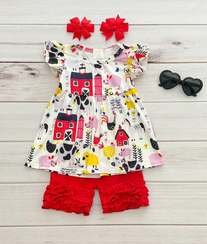 Girls Red/White Farm Printed Short Set