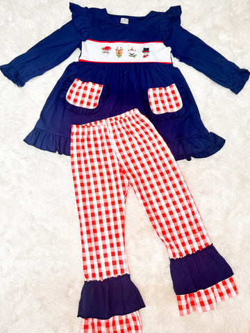 Girls Navy Santa's Crew Embroidery Pant Set