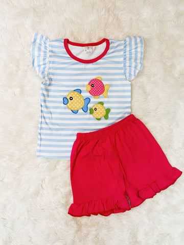 Girls Blue/Pink FIsh Applique Knit Short Set