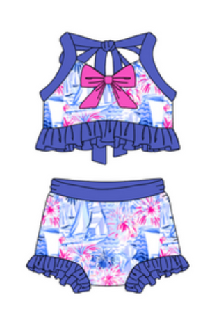 Girls Blue/Pink Firework Printed Two Piece Swim