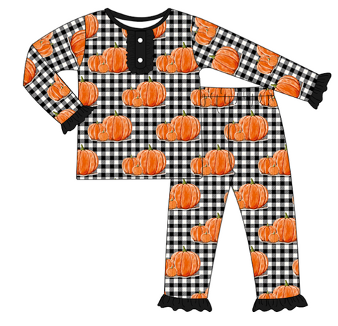 Girls Black Gingham Printed Pumpkin Pajamas