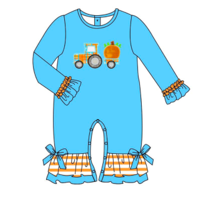 Girls Blue/Orange Pumpkin Tractor Applique Romper