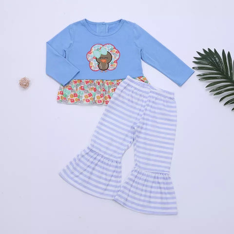 Girls Blue Floral Turkey Applique Pant Set