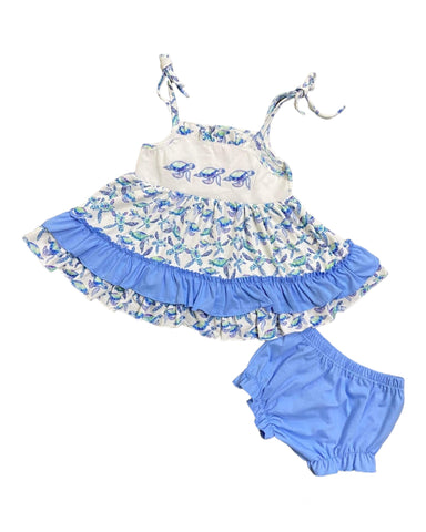 Girls Blue Turtle Embroidery Bloomer Set